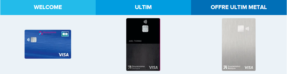 Visuel des cartes bancaires WELCOME, ULTIM ET ULTIM METAL de Boursorama Banque