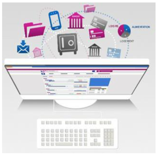 Visuel d'un ordinateur et illustrations des fonctionnalités disponibles dans l'espace bancaire