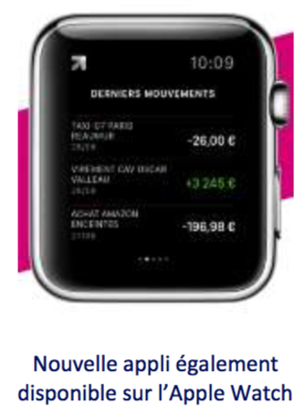 Visuel de l'interface bancaire de Boursorama Banque sur montre connectée Apple Watch