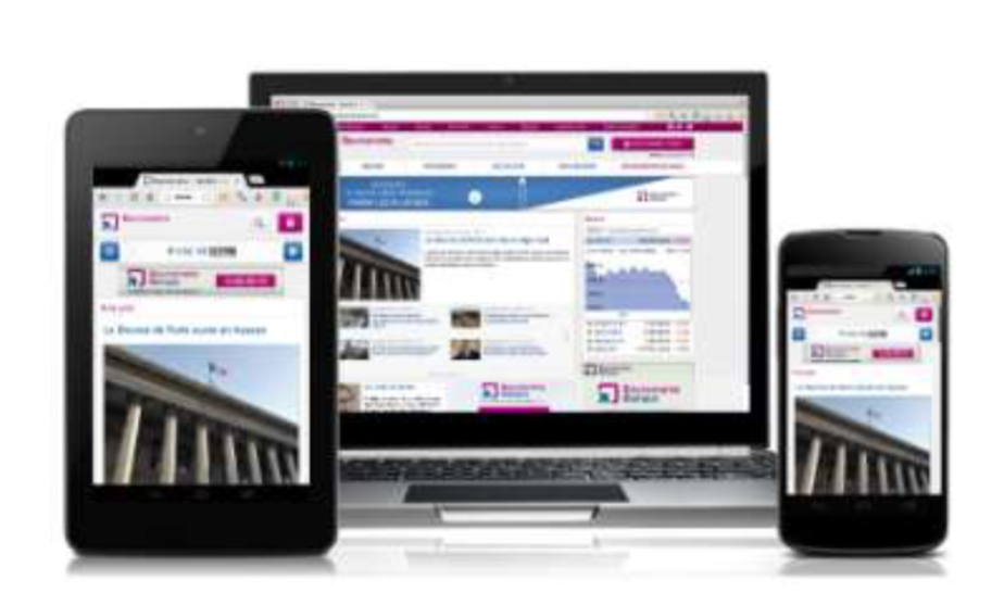 Visuel de l'interface de Boursorama.com sous mobile, tablette et ordinateur