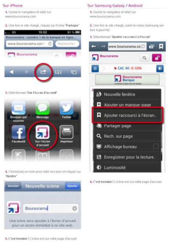 Visuel parcours explicatif pour ajouter Boursorama.com à ses favoris sous iPhone et Android