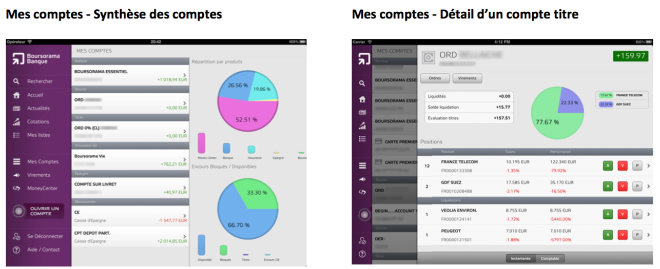 Visuel de l'interface mes comptes sur iPad