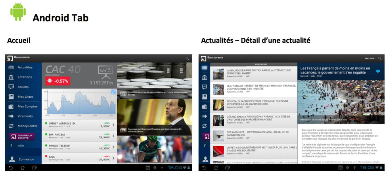 Visuel de l'application Boursorama sous Android