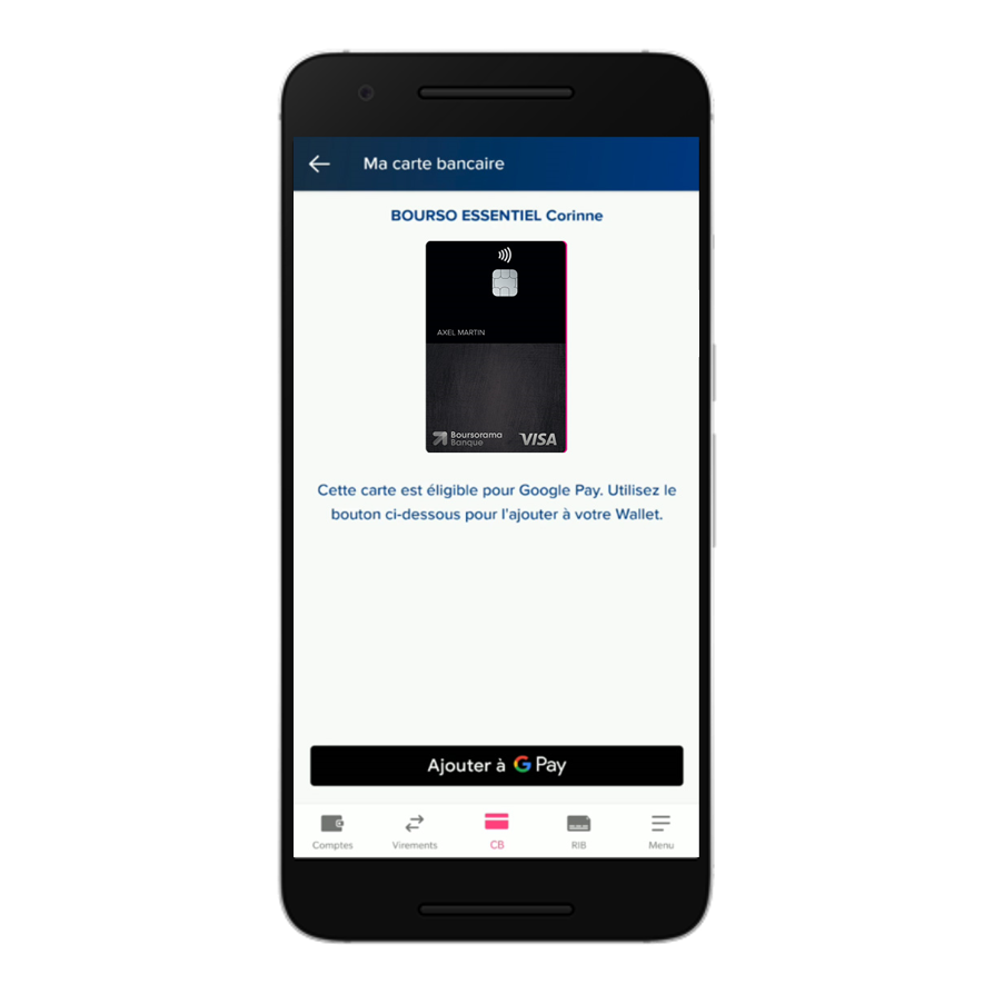 Visuel de la carte bancaire virtuelle de Boursorama Banque sous mobile